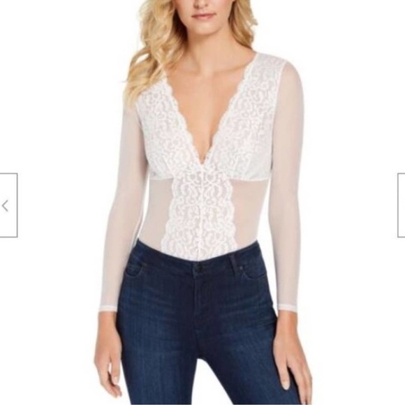 NEW INC International Concepts Long Sleeve Lace Mesh Thong Washed White Bodysuit - Picture 2 of 11
